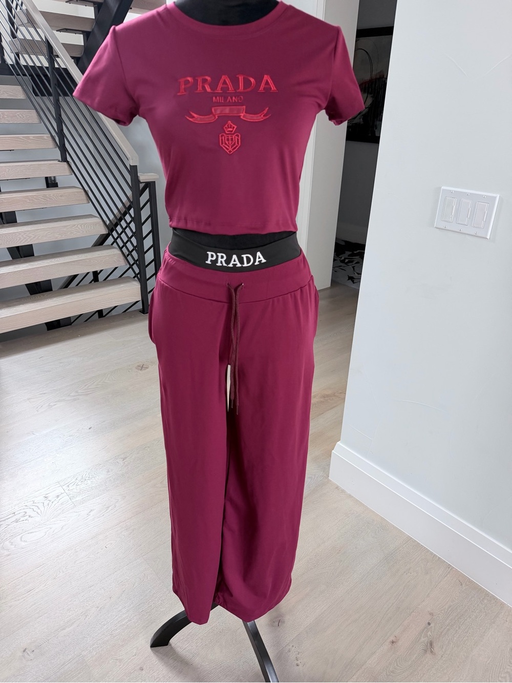 Burgundy Lounge Pants & Crop Tee Set size S - Picture 5 of 13
